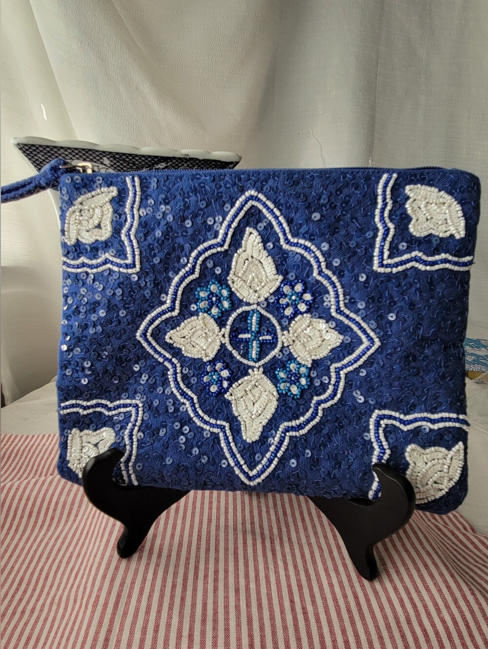 America and Beyond Beaded Navy Blue & White Clutch